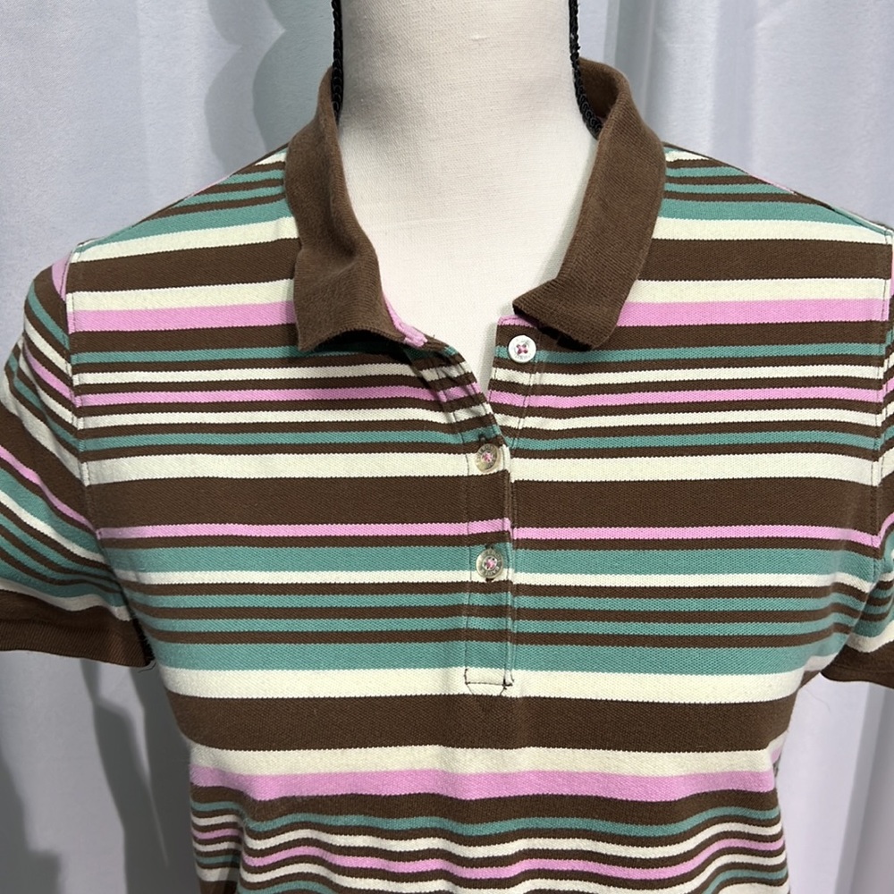 Eddie Bauer Aqua, Brown, Pink & Cream Striped Short Sleeve Polo - size Small - Picture 9 of 14